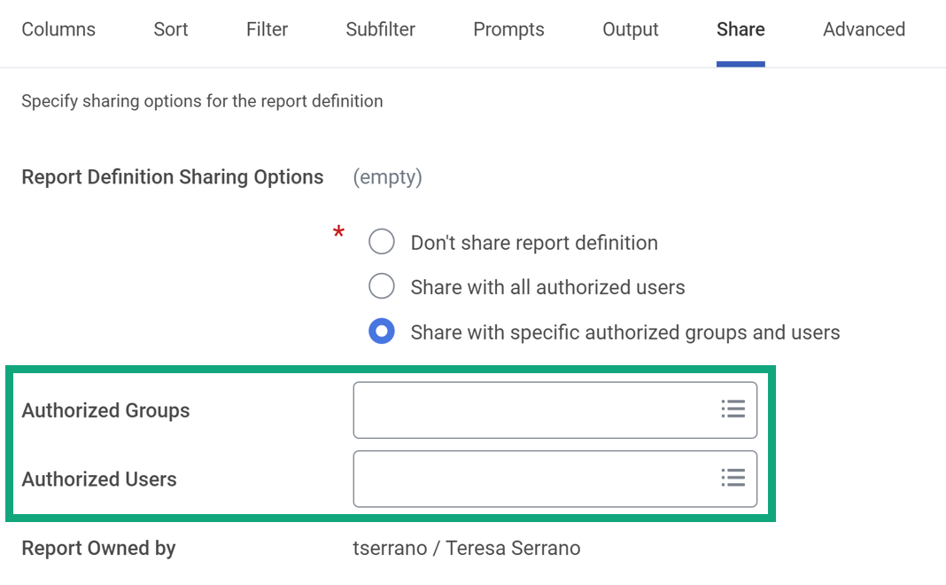 Screenshot of the Share tab of the report definition with the Authorized Groups and Authorized Users prompts highlighted.