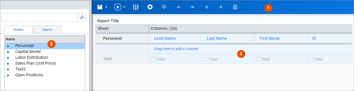 Report builder interface for model reports.