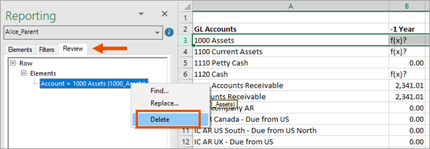 Delete elements via the report pane