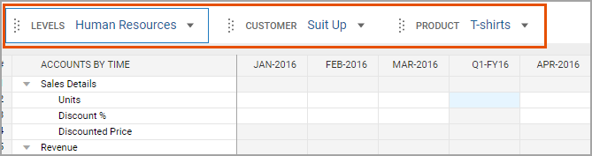 Accounts as filters in a cube sheet