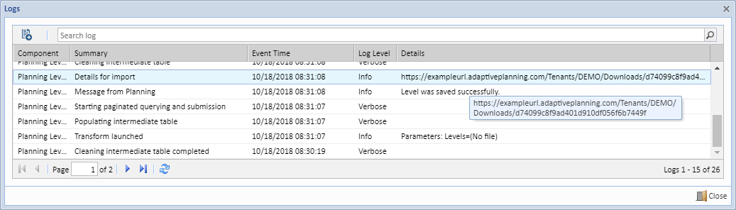 Planning Level Loader Log URL Message