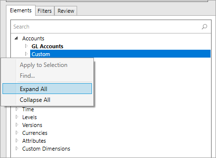 Right-click an element and select Expand All to expand all items for that element