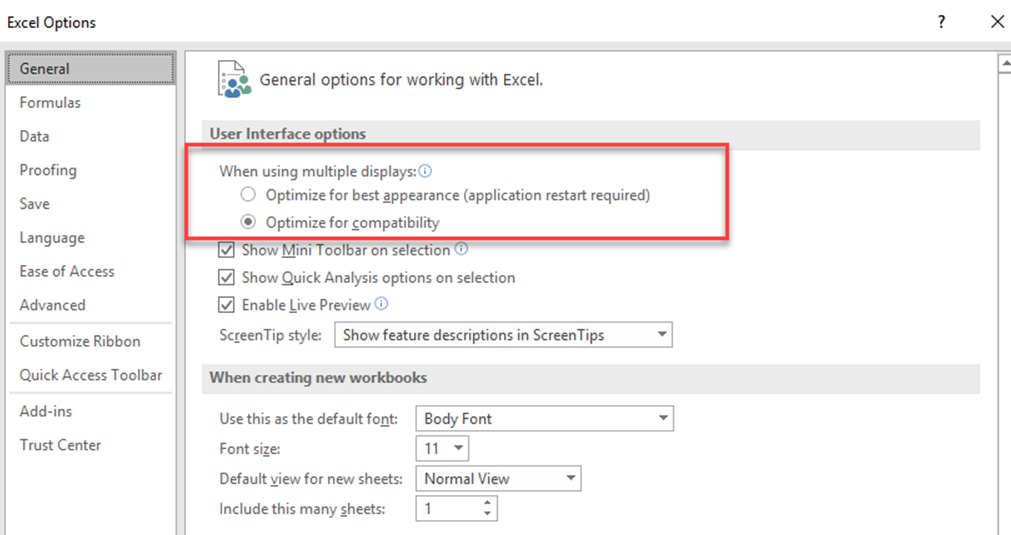 Excel option to optimize for compatibility