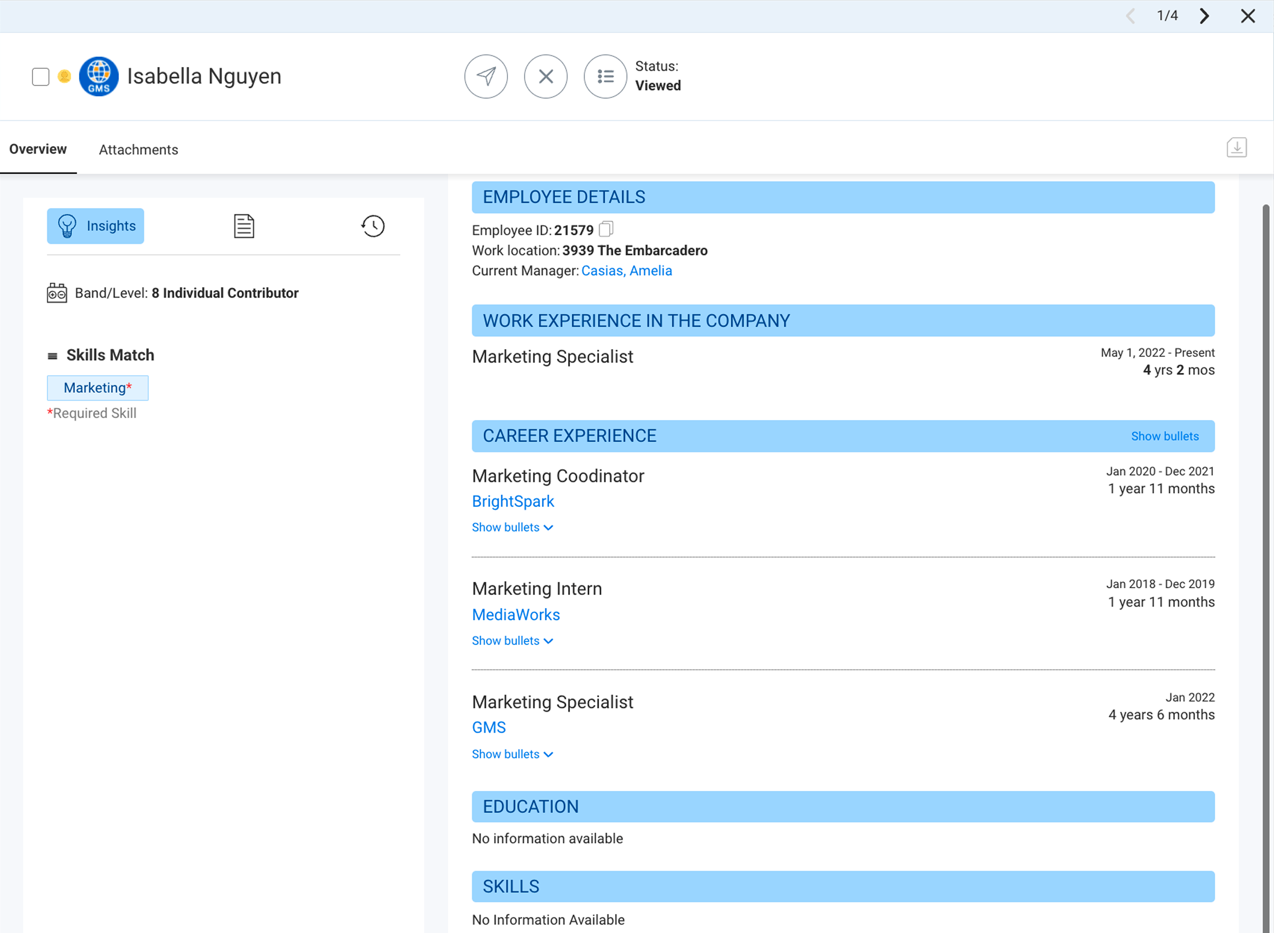 Skills Insights on Internal Fetch Profile